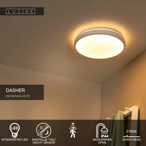 Lucide DASHER - Deckenleuchte Badezimmer - Ø 34,8 cm - LED - 1x18W 2700K - IP44 - Bewegung und Tag/Nacht-Sensor - Weiß - USP
